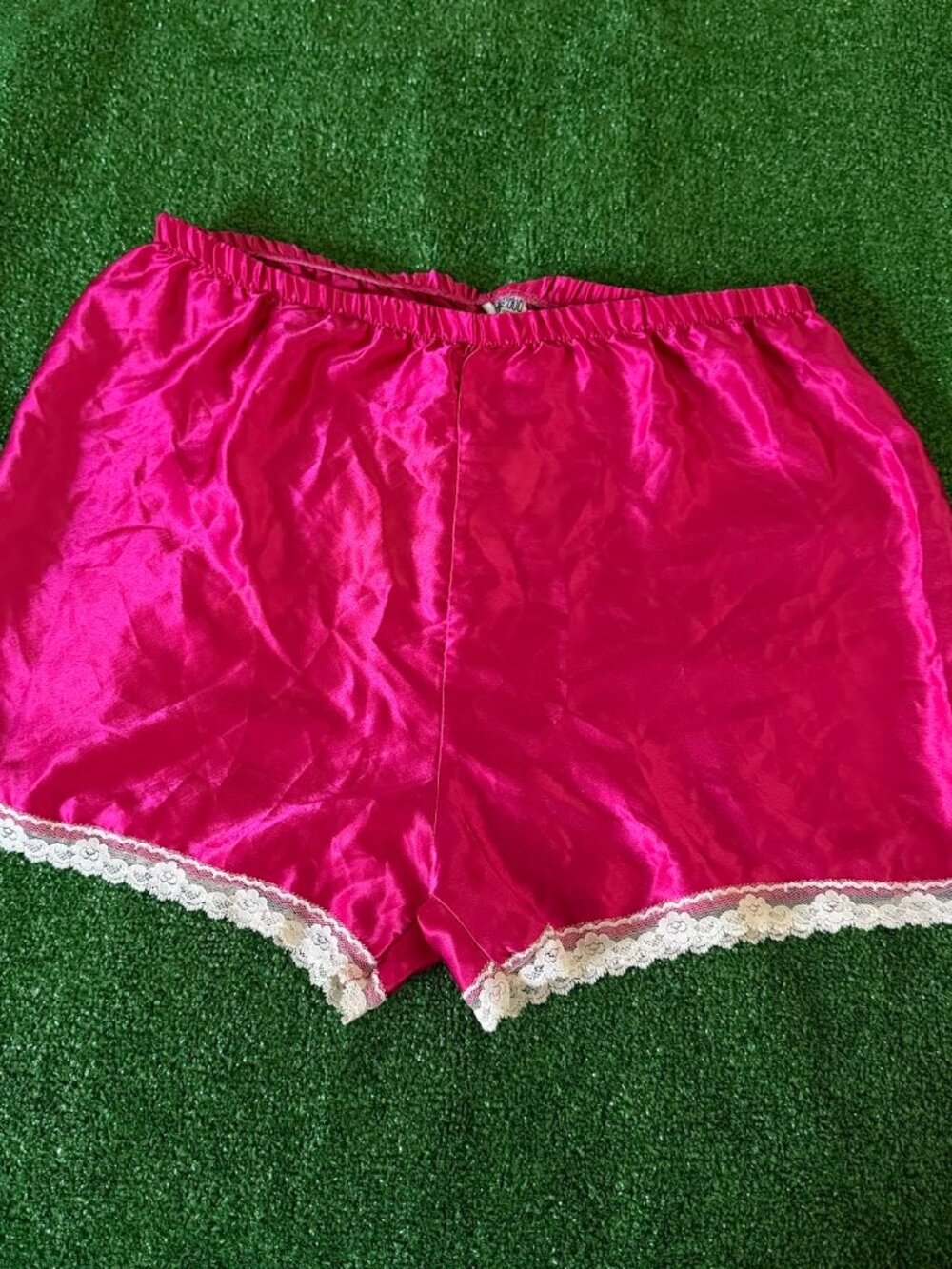 Vintage Circa 2000 Hot Pink Satin Lace Trim Y2K Lounge Pajama Shorts Size XL